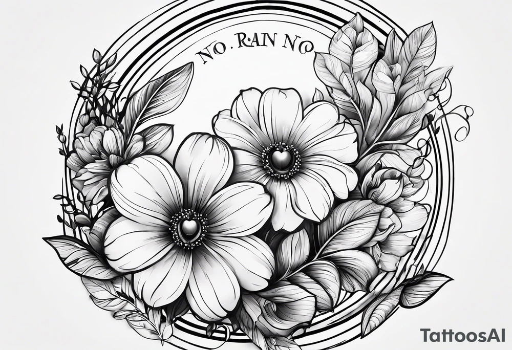 flower tattoo that says “no rain no flowers” and is circular with flowers and leaves trailing from the circle tattoo idea