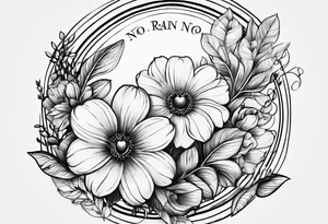 flower tattoo that says “no rain no flowers” and is circular with flowers and leaves trailing from the circle tattoo idea