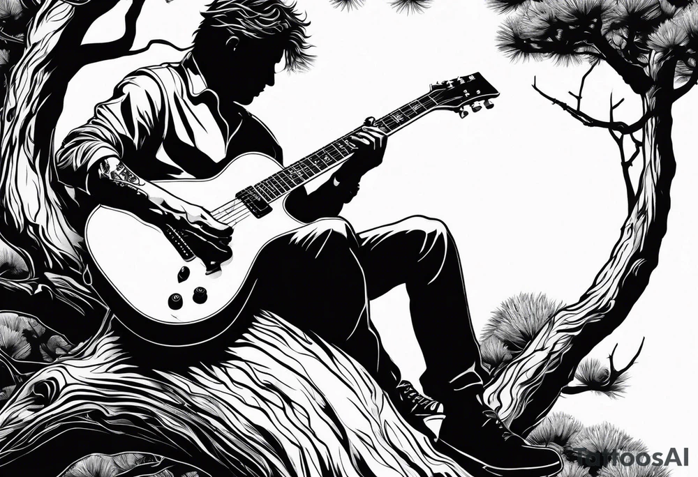 silhouette of a man sitting on a pine tree branch, playing electric guitar tattoo idea
