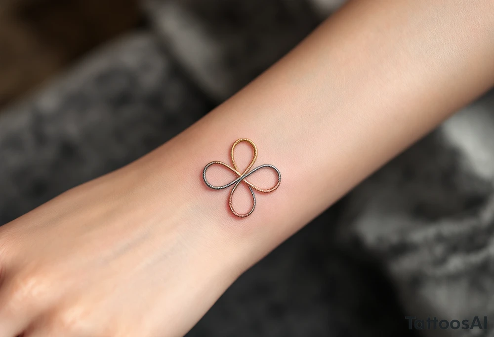 Three intertwined infinity symbols in gold, silver, and rose gold, symbolizing eternal love and unity. tattoo idea