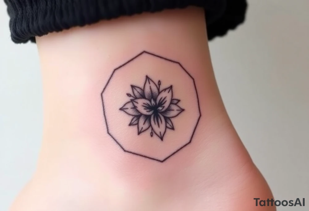Faint Hexagon with Leo, larkspur and water lilies in the center tattoo idea