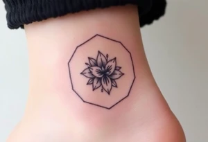 Faint Hexagon with Leo, larkspur and water lilies in the center tattoo idea