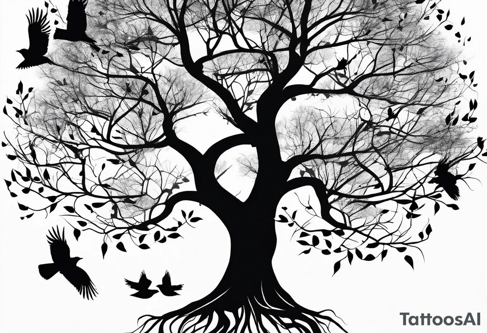 Leafless tree with a mix of birds and black birds flying by it tattoo idea
