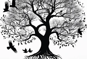 Leafless tree with a mix of birds and black birds flying by it tattoo idea