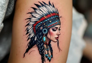 A Native American woman with long black braided hair adorned with turquoise beads and a feathered headdress in red, white, and black. tattoo idea