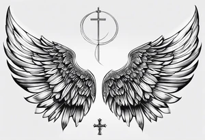 Realistic wings with upside down cross between the wings tattoo idea