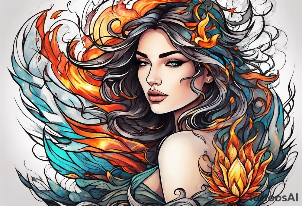 Resurrection strength and courage Beautiful Woman walking through fire and chaos to inner peace and self-love  ethereal tattoo idea