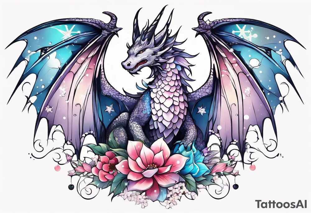 Constellation, wing , snow , cross , dragon female japan kawaii , flower tattoo idea