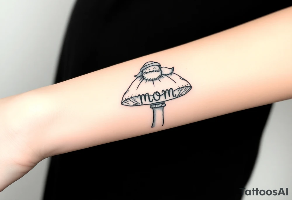 Mushroom with word mom on it with gnome sitting on top tattoo idea