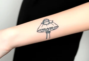 Mushroom with word mom on it with gnome sitting on top tattoo idea