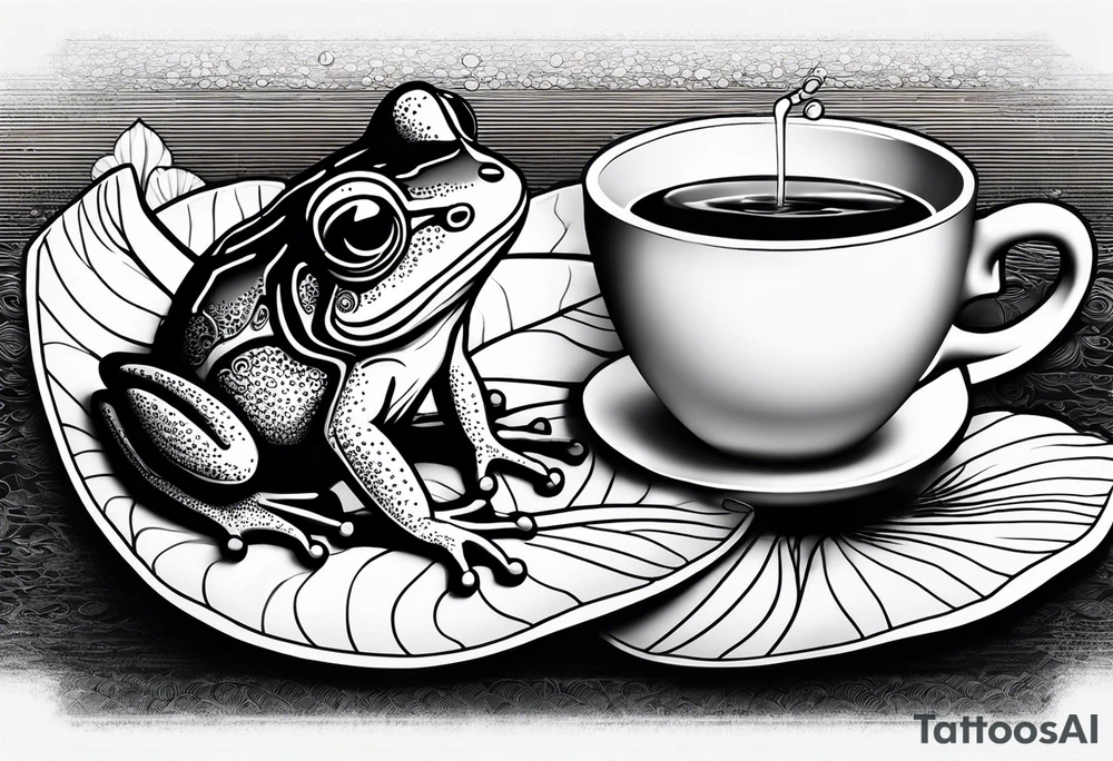 A frog on a lily pad drinking a cup of tea. tattoo idea