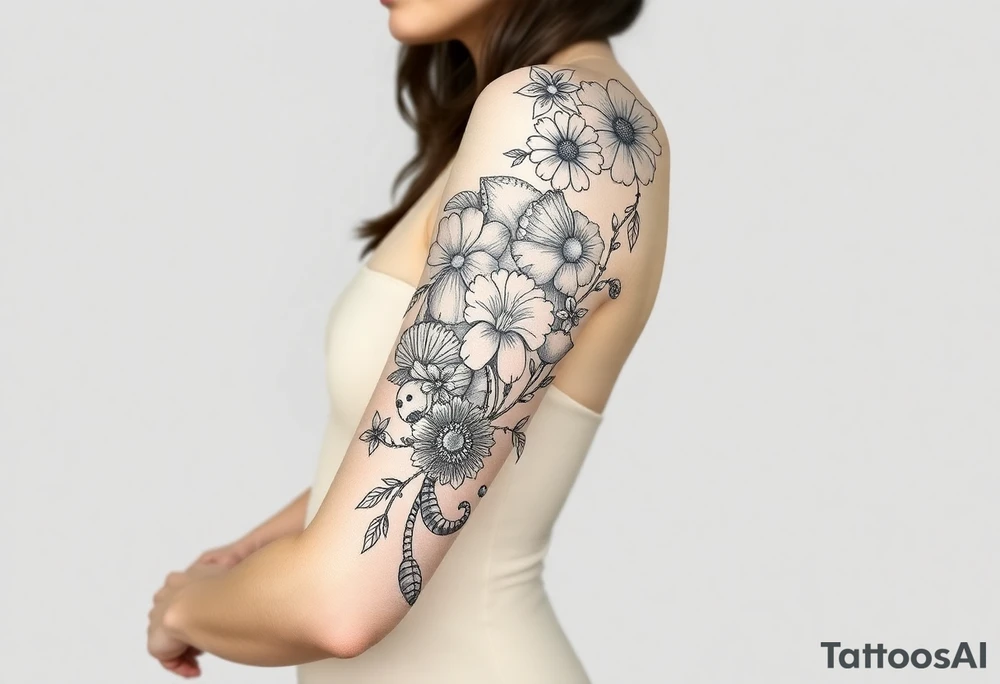 Flowers shells turtle seahorse jellyfish feminine tattoo idea