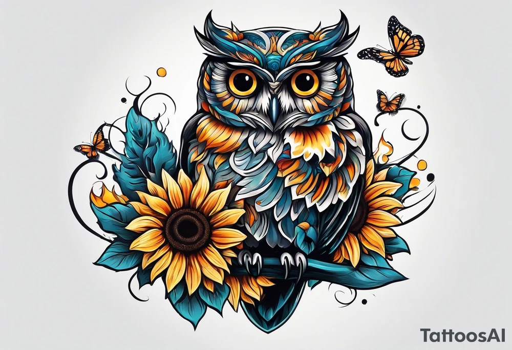 Small owl with butterfly and sunflower leg sleeve tattoo idea
