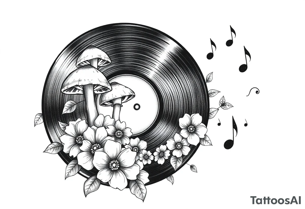 vinyl record with mushrooms, flowers, hearts, and music notes tattoo idea