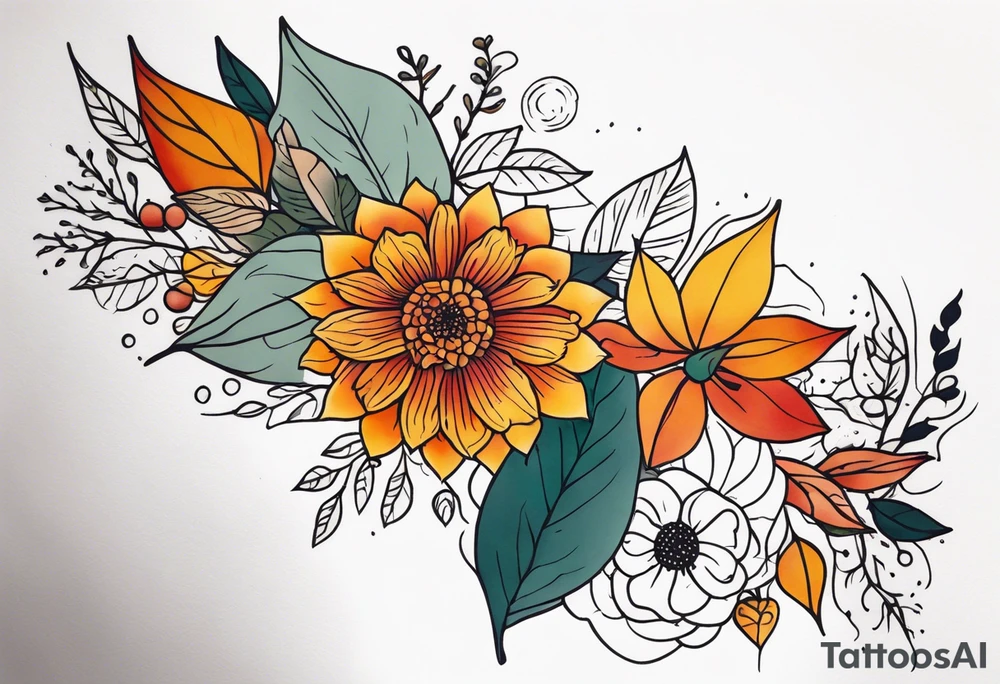 Full arm with fall colors, flowers, water, leaves and various shapes tattoo idea