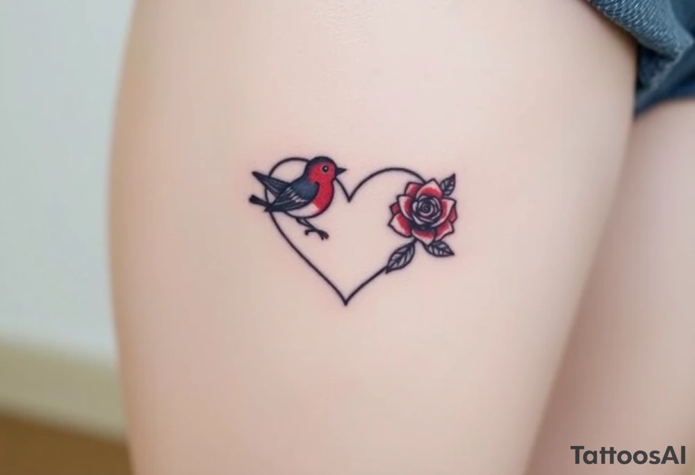 Infinity heart with a robin, red rose and rainbow tattoo idea