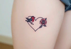 Infinity heart with a robin, red rose and rainbow tattoo idea