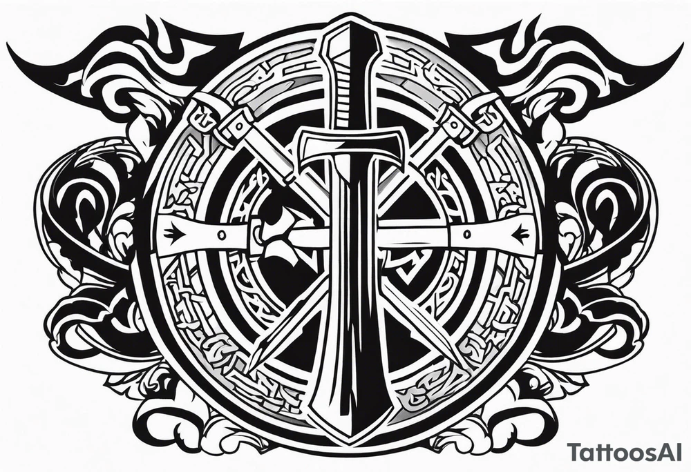 Valhalla shield sword axe fire tattoo idea