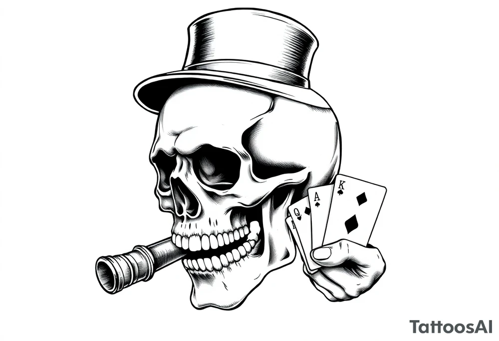 a skull with mustache, a big cigar in his mouth,top-hat on his head and playing cards in a hand. tattoo idea