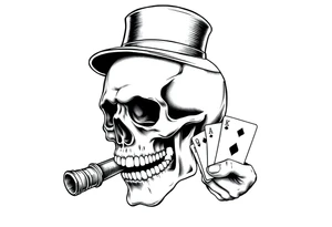 a skull with mustache, a big cigar in his mouth,top-hat on his head and playing cards in a hand. tattoo idea