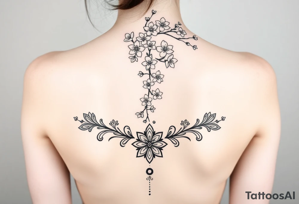 A detailed and elegant tattoo design for the spine, incorporating a vertical flow of cherry blossoms with delicate petals and branches. The lower back features symmetrical ornamental elements inspired by tribal and decorative patterns, seamlessly blending into the floral motif. The design uses fine linework, intricate dotwork, and soft curves that follow the natural contours of the body, creating a feminine and cohesive piece. The overall aesthetic is balanced, with a mix of bold ornamental elements at the lower back and light, airy floral accents along the spine. tattoo idea