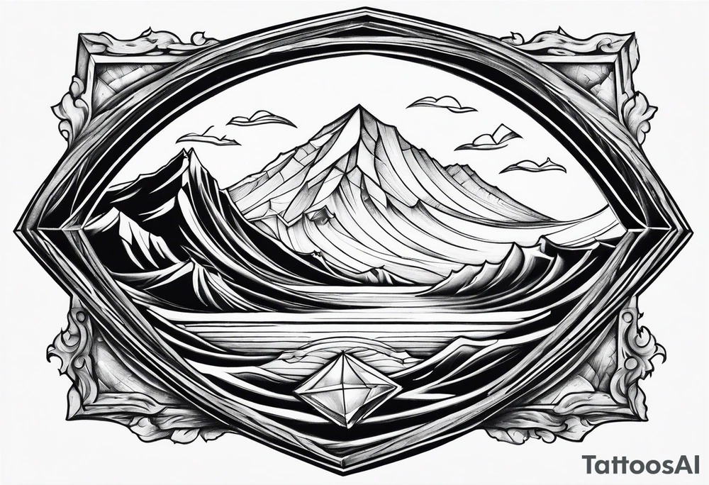a diamond window with waves crashing on a mountain. 3 stars in the sky tattoo idea