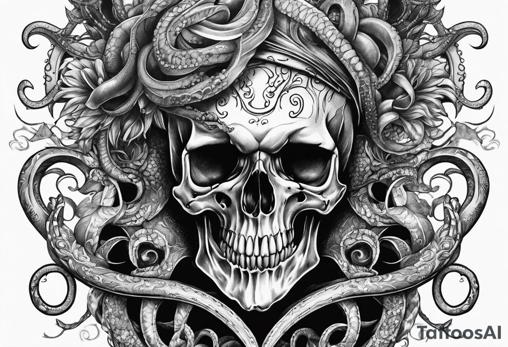 Realistic skull with tentacles tattoo idea
