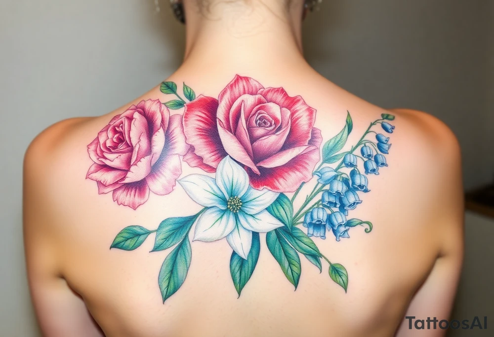 Bouquet of flowers with a carnation, rose, Lily of the valley, delphinium with stems Starting upper middle back to right shoulder tattoo idea