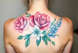 Bouquet of flowers with a carnation, rose, Lily of the valley, delphinium with stems Starting upper middle back to right shoulder tattoo idea