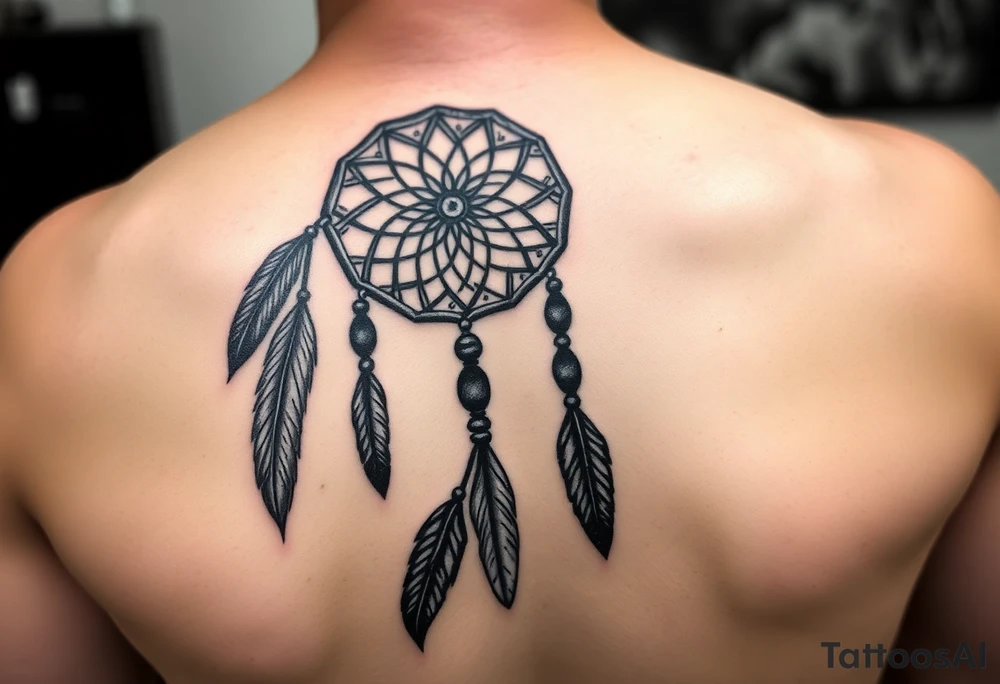 native dreamcatcher with flowing feathers and sacred beads tattoo idea