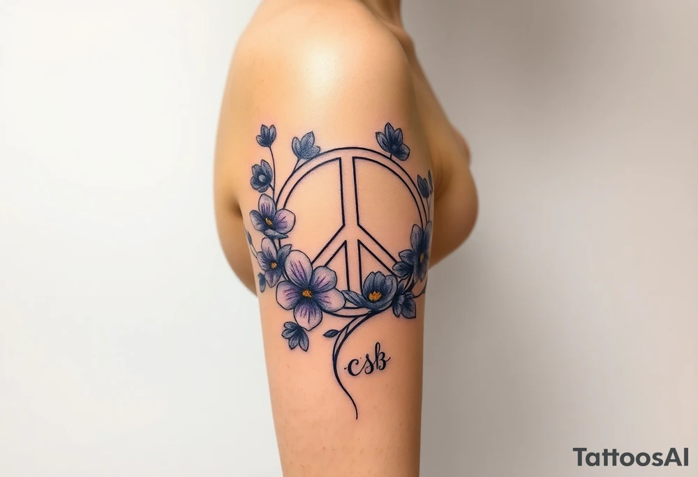 peace symbol intertwined with violets Pisces symbol, dog prints, amethyst, initials csb in cursive font tattoo idea