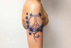 peace symbol intertwined with violets Pisces symbol, dog prints, amethyst, initials csb in cursive font tattoo idea