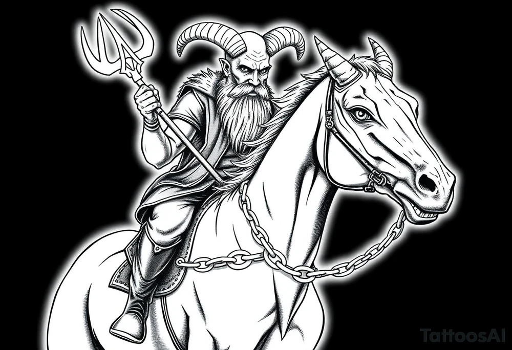 An insanely weird wild crazy man with the biggest eyes I’ve ever seen with a long beard and bald head and goat goats horns riding on the back of a Clydesdale horse holding the devils trident in 1 hand and the other hand holding a chain that’s around the horses neck hanging on as if his life dependent on it the horse having eyes bulging hot of its headsmoke coming out of the nose of the horse showing teeth like a t-rex tattoo idea