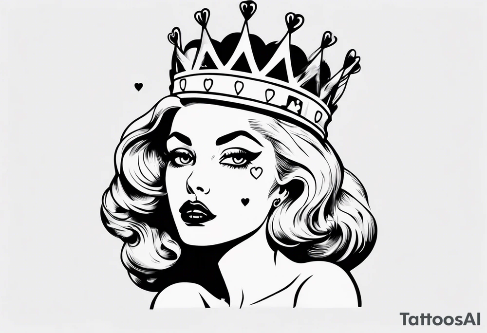 pin-up queen of hearts with only whites in her eyes and a crown tattoo idea