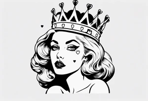 pin-up queen of hearts with only whites in her eyes and a crown tattoo idea