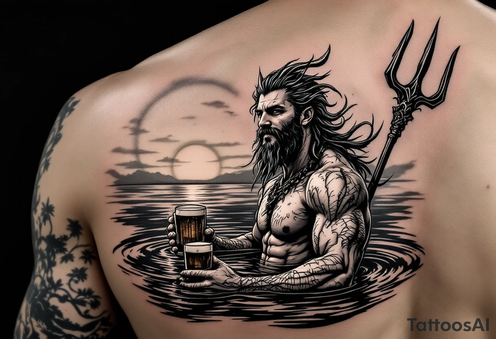 young, happy, fit poseidon in calm water, holding a trident, drinking a beer, with sunset tattoo idea