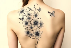 Delphinium, violet, narcissus, rose, daisy vertically down the spine with swirls and butterflies tattoo idea