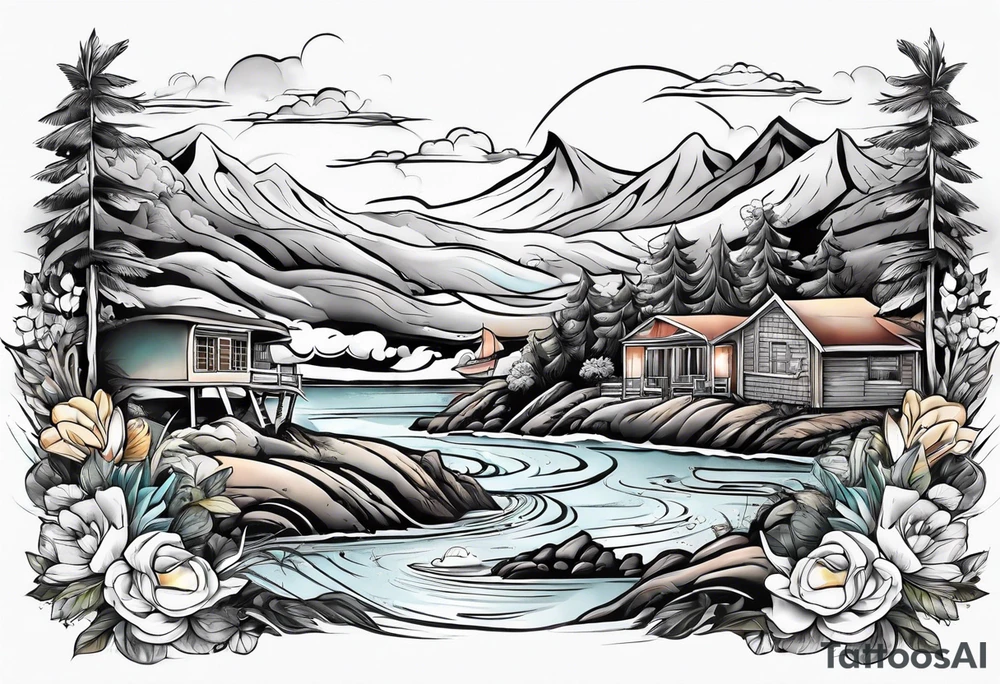 california theme upper arm sleeve tattoo idea