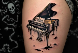 Tim Burton’s crooked piano plays on its own, with ghostly fingers and melting keys in black and ivory. tattoo idea