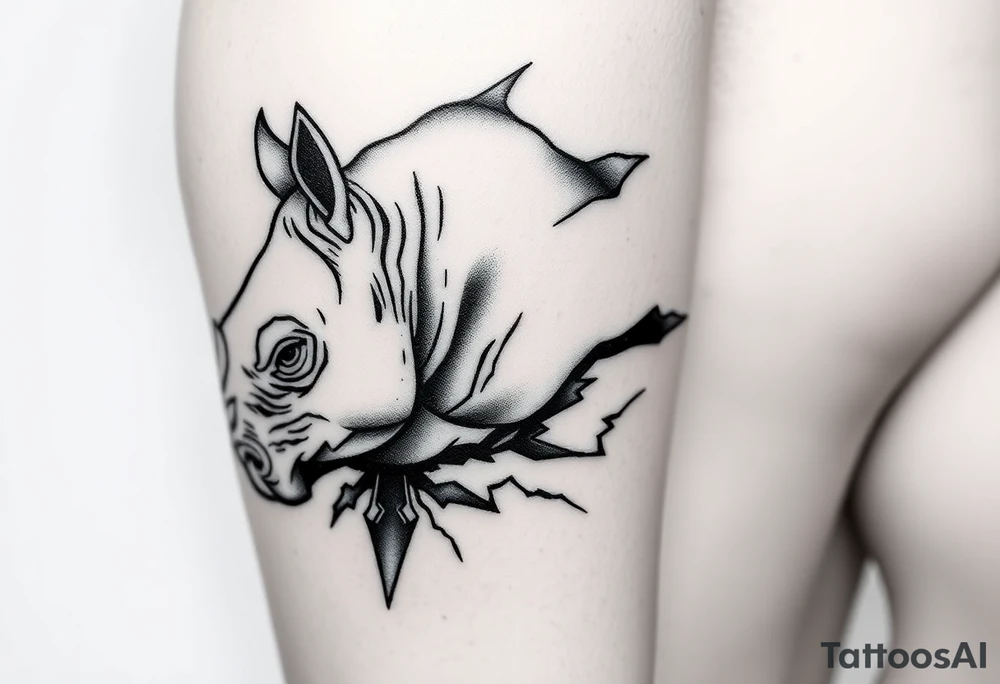 3D rhino half head pertruding thru left calf with jagged boarder appearing to be ripping thru my skin tattoo idea