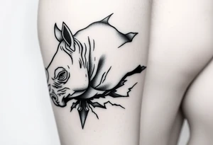 3D rhino half head pertruding thru left calf with jagged boarder appearing to be ripping thru my skin tattoo idea