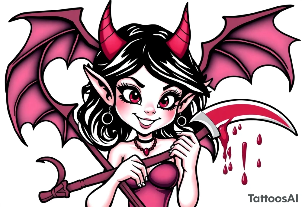 Pinup demon girl smiling while holding a bloody scythe tattoo idea