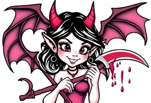 Pinup demon girl smiling while holding a bloody scythe tattoo idea