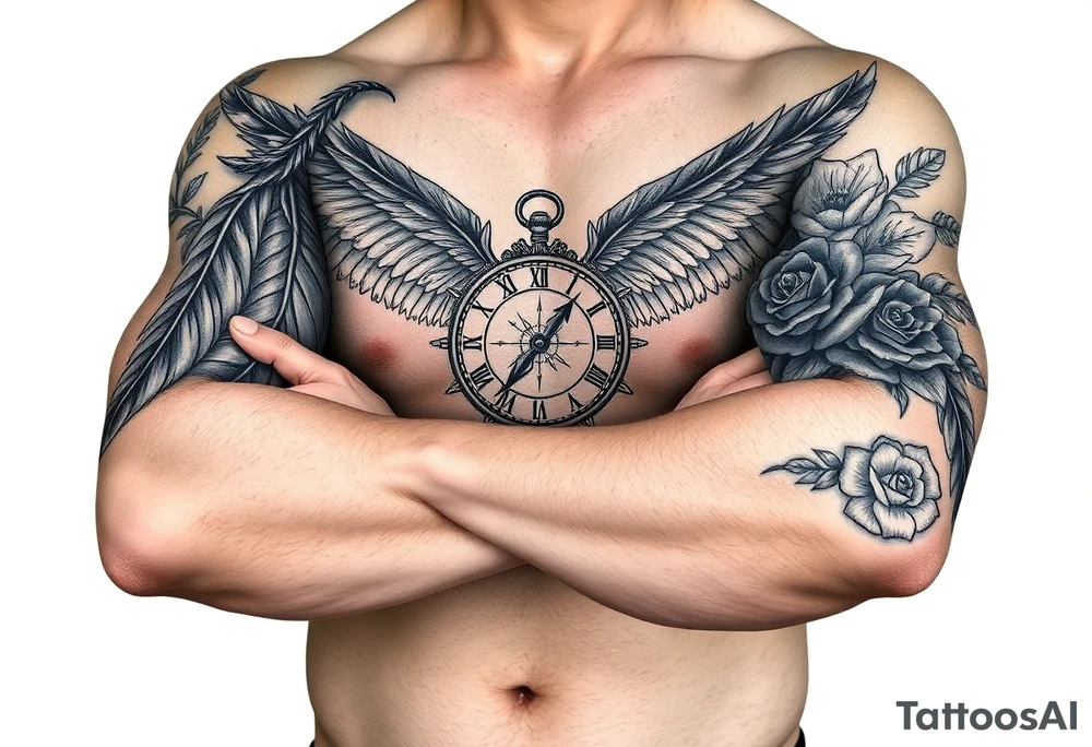 feathers with compass  a clock on elbows with roses tattoo idea