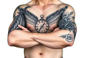 feathers with compass  a clock on elbows with roses tattoo idea