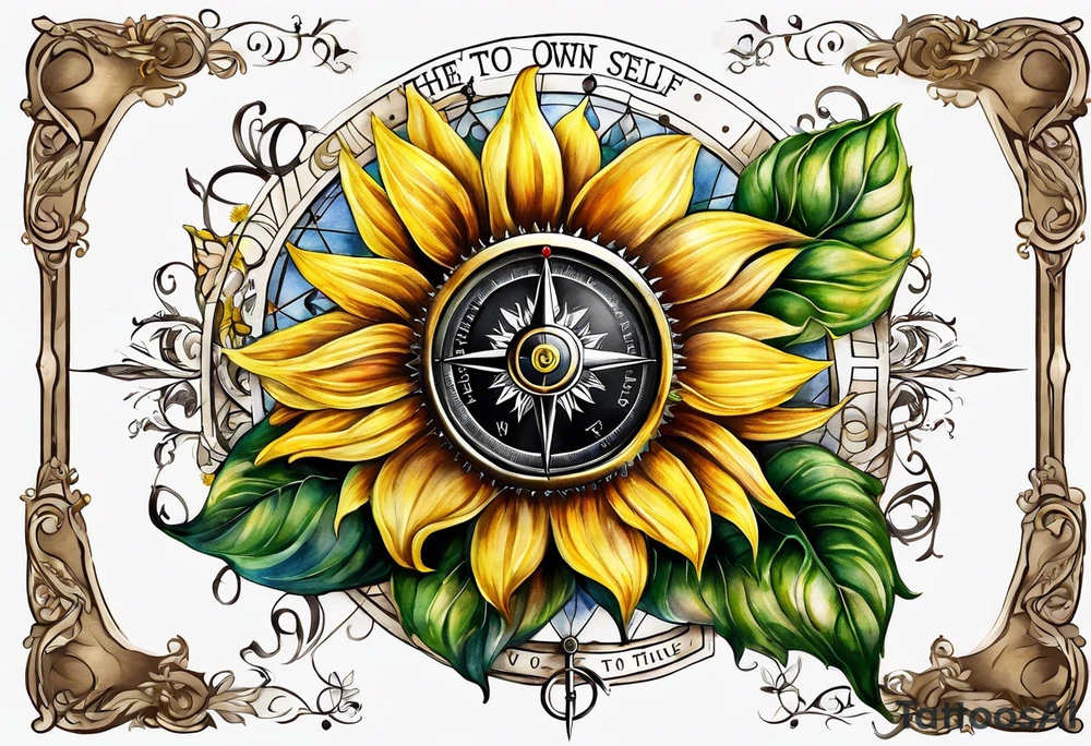 Sunflower and a compass, with the words "To Thine Own Self Be True" tattoo idea