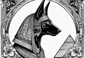 Strict Anubis portrait with pyramids on the background tattoo idea