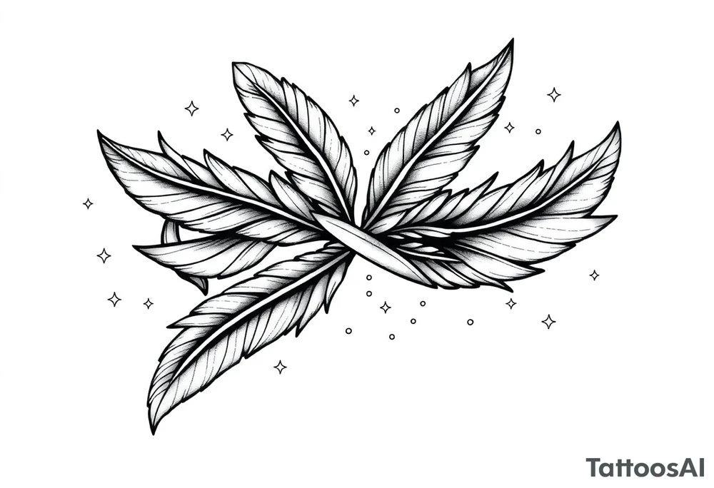 infinity symbol woven with floating feathers and stardust tattoo idea