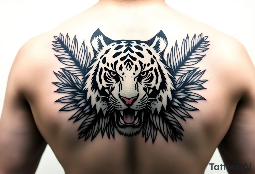 Tiger surrounded by palm leaves tattoo idea