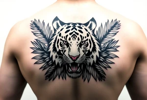 Tiger surrounded by palm leaves tattoo idea